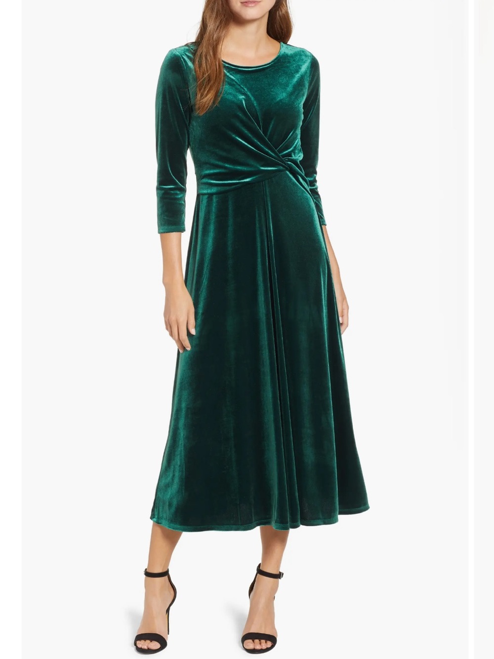 CHAUS XL Green Scoop Neck Drop Twist Waist Quarter Sleeve Velvet Midi Dress